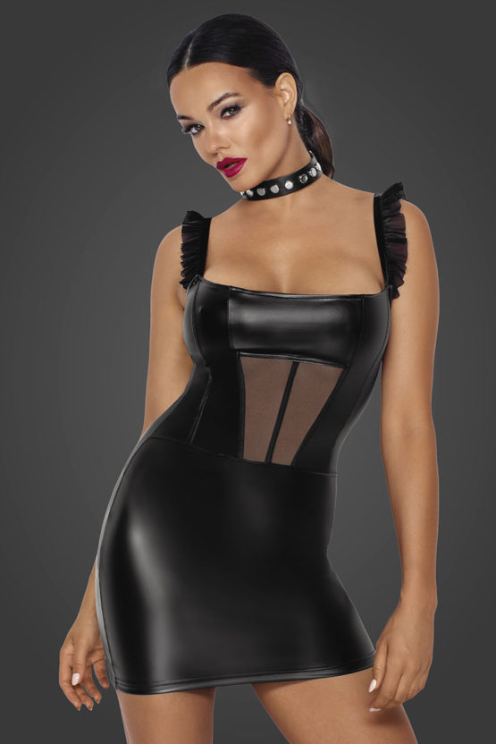 noir-handmade-F257-Powerwetlook-mini-dress-with-tulle-inserts